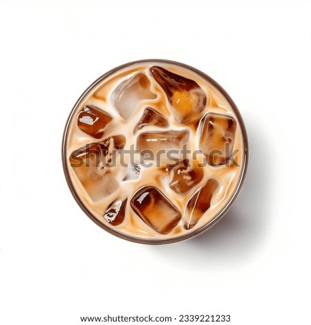 Glass of ice coffee isolated on white background from top view
