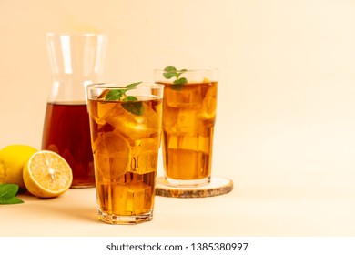 Glass Of Ice Lemon Tea With Mint