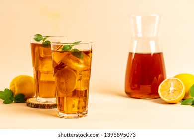 Glass Of Ice Lemon Tea With Mint