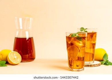 Glass Of Ice Lemon Tea With Mint