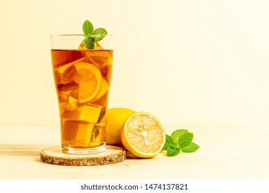 Glass Of Ice Lemon Tea With Mint