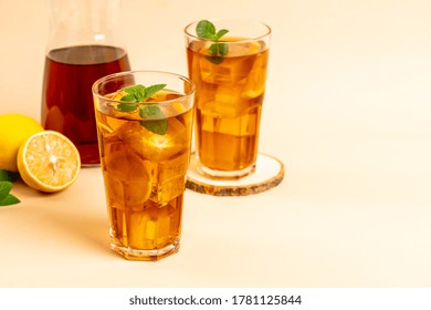 Glass Of Ice Lemon Tea With Mint