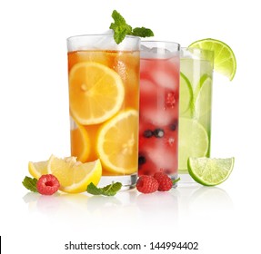 Glass Of Ice Tea With Lemon And Mint On White Background