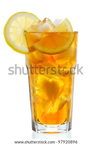glass of ice tea with lemon on white background