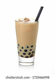 Glass Of Iced Bubble Tea With Milk And Black Straw Isolated On White Background