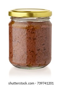 Glass Jar Of Black Olive Paste Isolated On White