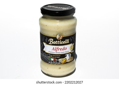 Glass Jar Of Botticelli Alfredo Sauce On A White Background