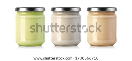Glass jar can with dairy, dessert, yoghurt, cream, sour cream or sauce isolated on white. Mock Up Template, clipping path