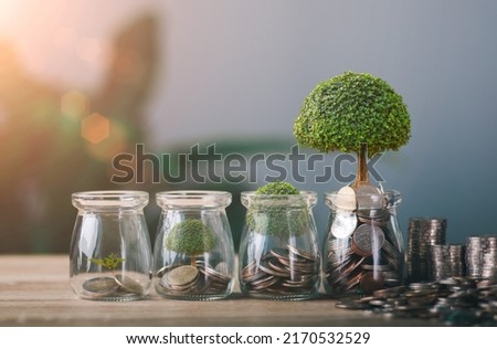 Glass jar with coins stacked on the table, mutual fund and pension concept, financial and banking, fund growth and savings
