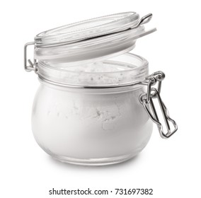Glass jar of corn starch isolated on white