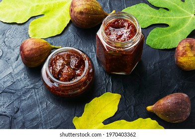 Glass jar with fig jam.Fig marmalade.Canning of fruit