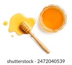 Glass jar full of honey and splash of honey with wooden dipper isolated on white background, top view	