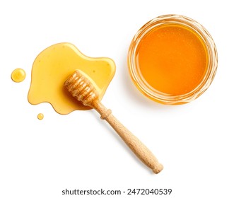 Glass jar full of honey and splash of honey with wooden dipper isolated on white background, top view	 - Powered by Shutterstock