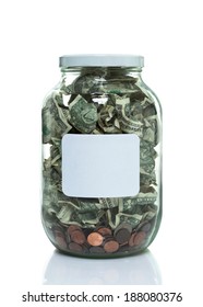 Glass Jar Full Of Money With A White Label