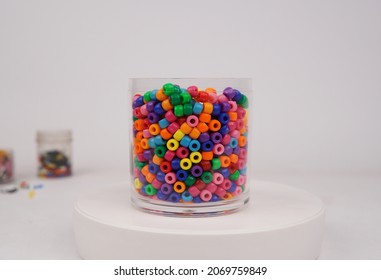 Glass Jar Full Of Multi Colored Pony Beads Bracelet Beads For Hair Beads For Kids Crafts Rainbow Hair Beads       