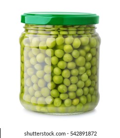 Glass jar of green peas isolated on white