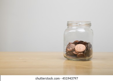 Glass Jar Half Full Of Low Value British Coins