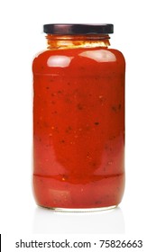 Glass Jar Of Hot Tomato Sauce On A White Background