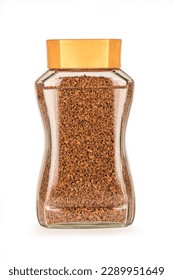 Glass jar of instant coffee granules isolated on white background.