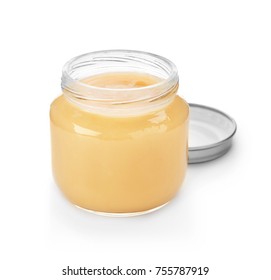 Glass Jar With Nutrient Baby Food On White Background