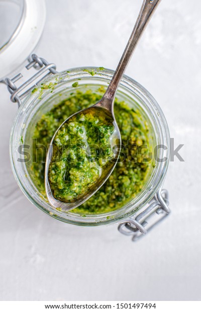 Download Glass Jar Pesto Sauce Top View Stock Photo Edit Now 1501497494 Yellowimages Mockups