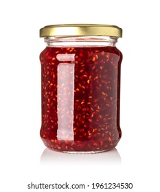 Glass jar with raspberry jam isolated on the white background