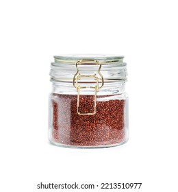 Glass Jar Of Red Quinoa Isolated On White Background.