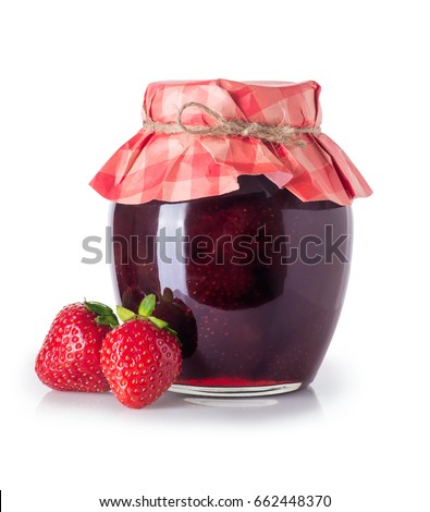 Glass jar of strawberry jam and fresh berries near isolated on white background. Preserved fruits