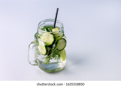 Glass Jar Of Tasty Fresh Infused Water Made With Organic Vegetable Cucumber And Celery Healthy Detox Drink