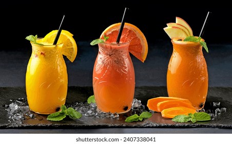 Glass jars with freshly squeezed juice. Apple, carrot, orange and grapefruit juice on a black background. - Powered by Shutterstock