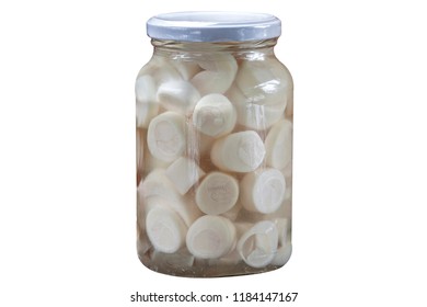 Glass jars with heart of palm on white 