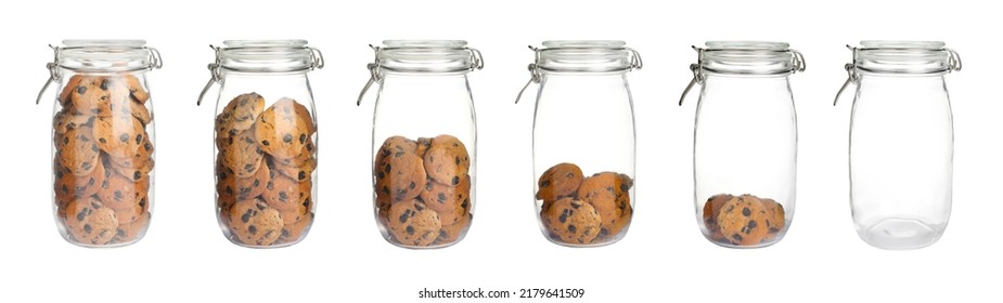 Glass jars with tasty chocolate chip cookies and empty one on white background, collage. Banner design