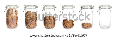 Glass jars with tasty chocolate chip cookies and empty one on white background, collage. Banner design