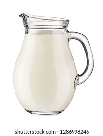 Glass jug of fresh milk isolated on white background. Front view.