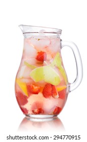 Glass jug of iced detox water with strawberry, apple and lemon