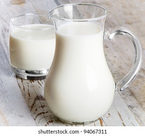 Glass Jug And Glass With Milk