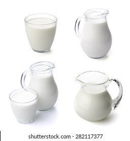 A Glass And Jug Of Milk Isolated On White Background.