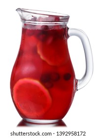 Glass Jug Or Pitcher Of Iced Cranberry Lemon Drink, Isolated