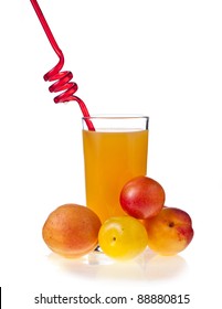 A Glass Of Juice With Fresh Fruits And And Red Curly Drinking Straw On A White Background