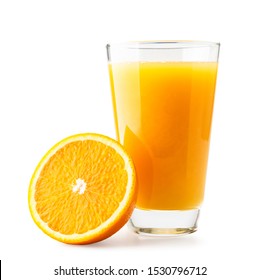 Glass Of Juice With A Fresh Half Orange On A White Background. Isolated