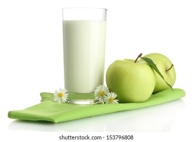 Glass Of Kefir And Green Apples, Isolated On White 