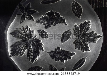 Glass leaf design etched background. Backdrop of beautiful transparent glass pattern of leaf design