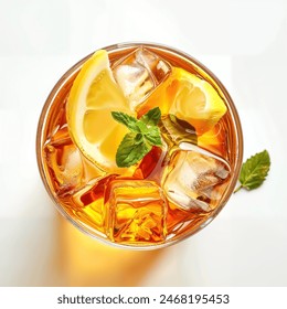 Glass of lemon ice tea isolated on white background, top view (clipping path included)
