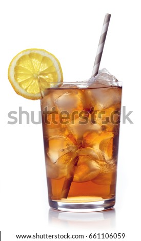 Glass of lemon ice tea isolated on white background