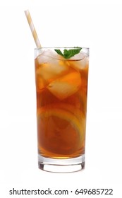 Glass Of Lemon Iced Tea With Straw Isolated On A White Background