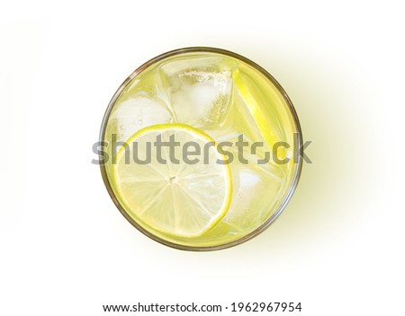 Glass of Lemon juice or lemonade isolated on white background. Top view. Flat lay.