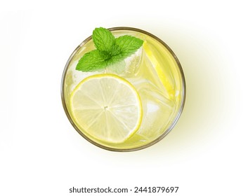 Glass of lemon juice with mint leaf isolated on white background, top view, flat lay.