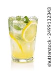 Glass with lemon lemonade and ice isolated on white background