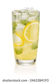 Glass with lemon lemonade and ice isolated on white background