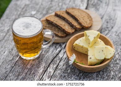 Glass Of Light Beer With Cheese And Rye Bread. Preparing Ligo Festival. Riga. Latvia